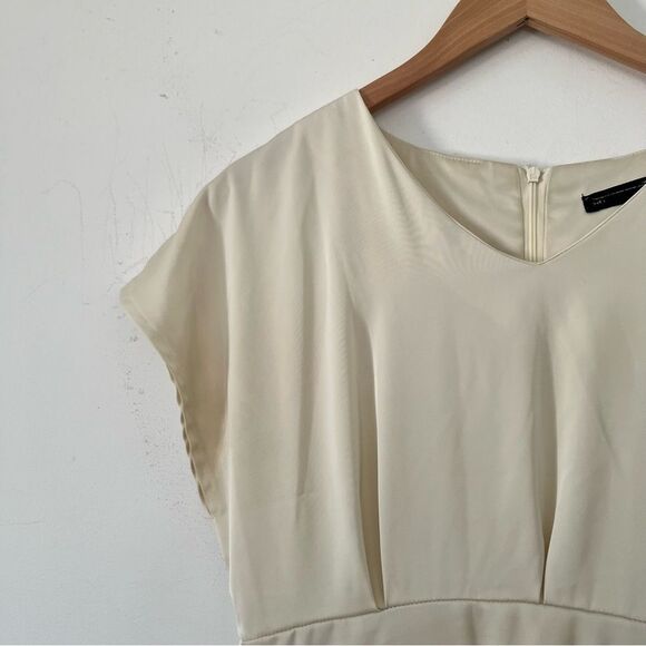 Dazy Cream Satin Dolman Cap Sleeve Pockets Vintage Inspired Midi Dress - Picture 13 of 16